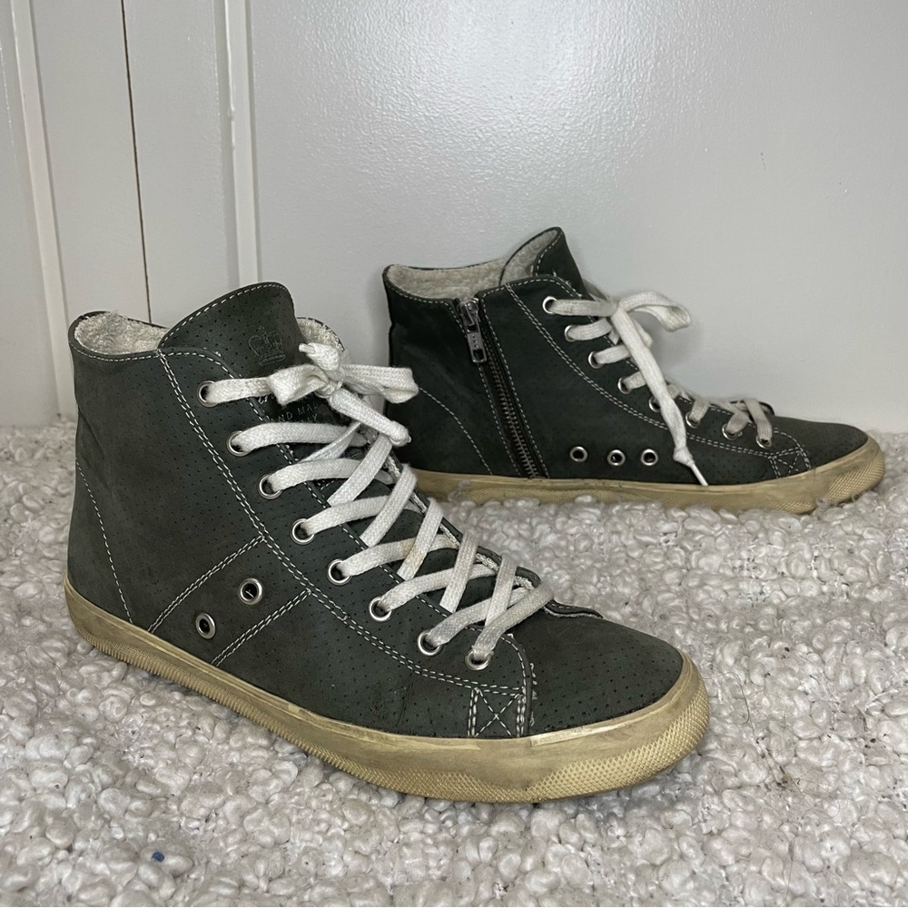 Leather Crown Handmade in Italy Khaki Green Leather High Top Sneakers 38